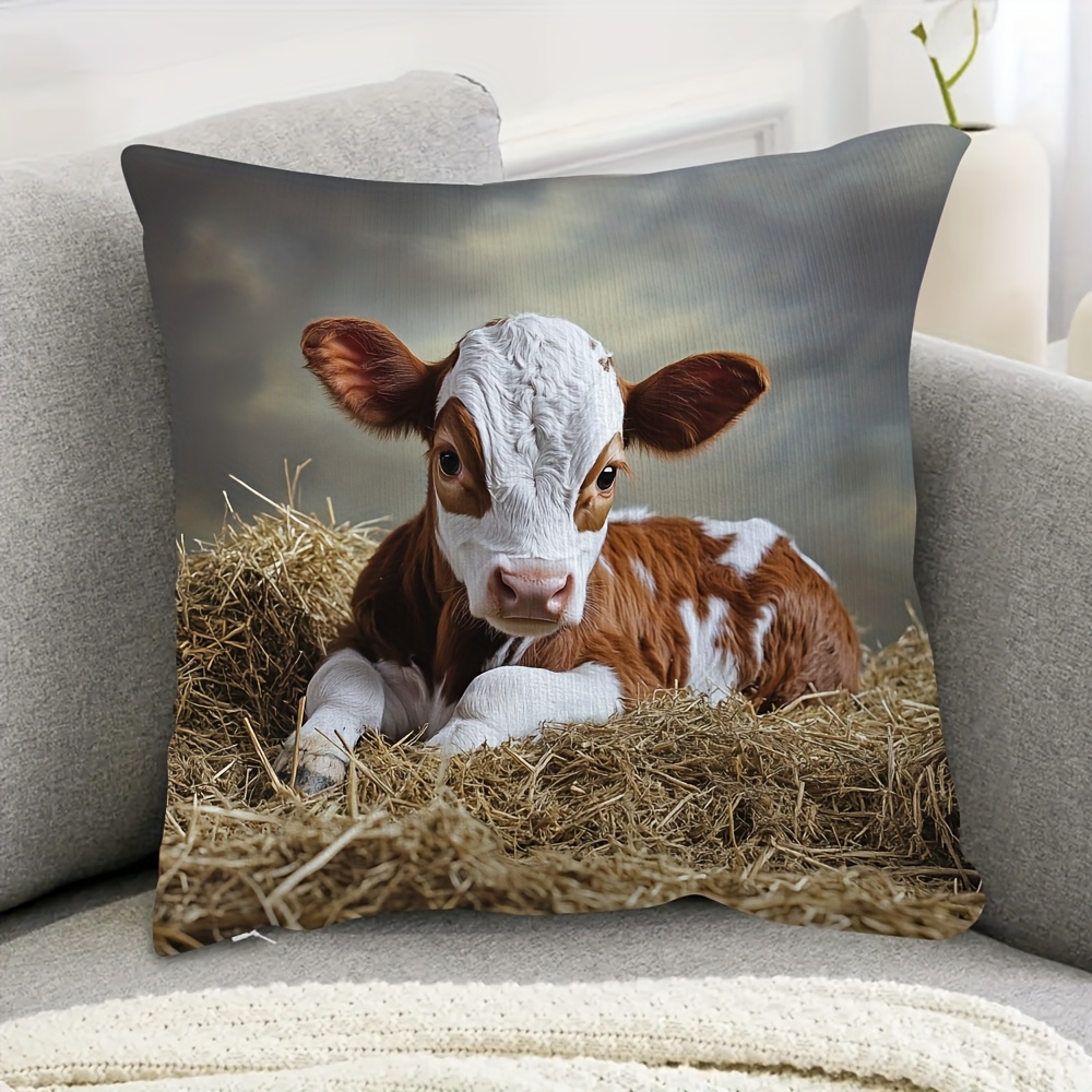 TEMU 1pc Farmhouse Calf And Cover - Country Cow Print Pillow Cover, Made Of Soft And Comfortable Polyester Short Plush Fabric, Single-sided Print,