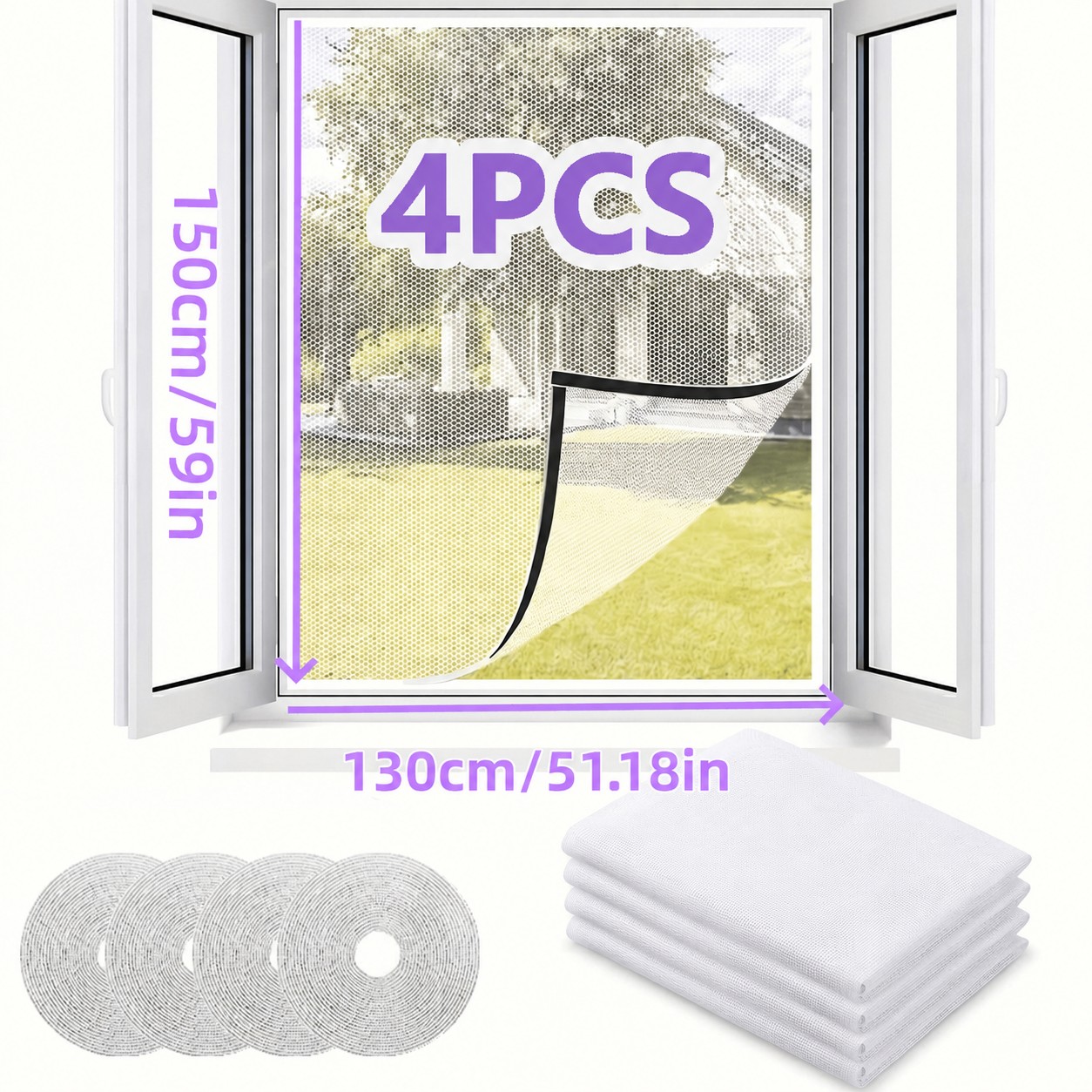 TEMU 4-pack Window Screens For Insects, Adjustable Window Netting With Hook And Sticky Tape Max 59" X 51", Fiberglass Fine Mesh, Window Mesh, Fly