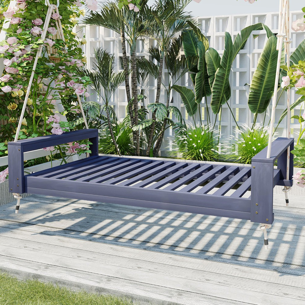 Garden seating. Swing chair. Double-sized porch swing bed seating set with hemp rope swing frame, suitable for gardens and backyards. Minimalist rustic style, ideal for courtyards and gardens. Mattress sold separately.