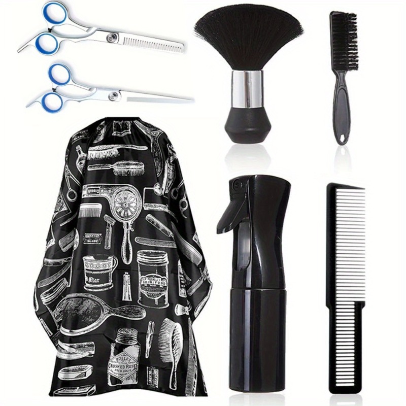 Image of 7pcs Premium Hairdressing Kit | Stainless Steel Scissors, Barber Spray Bottle, Comb, Ergonomic Handles, Neck Duster, Cutting Cape - Ideal For Barber Salon Or Home Use
