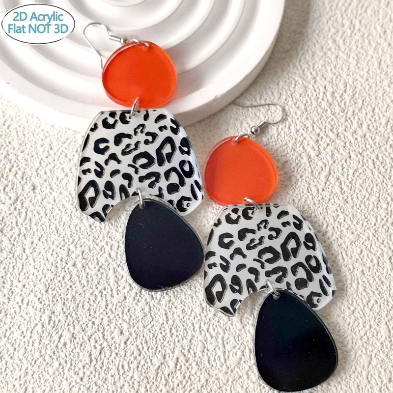 Women's Long Acrylic Earrings with Red Leopard Print, Bold Style