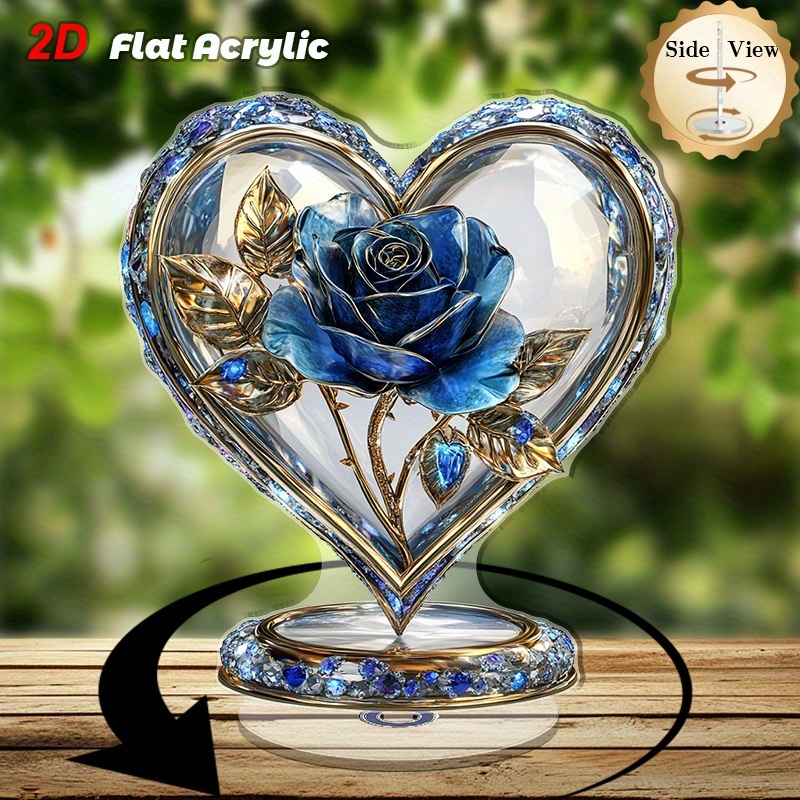 TEMU 2d Flat, 1pc Rotating Heart-shaped Acrylic Glass Desktop Ornament - Blue Rose & Suitable For Home/office Decor, Transparent Flat 2d Spinning Top