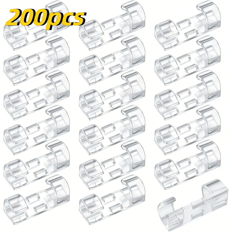 TEMU 200pcs Transparent Adhesive Cable Clips - Durable Plastic Wire Organizer For Under-desk And Wall Installation, Safe Cord Management Solution For