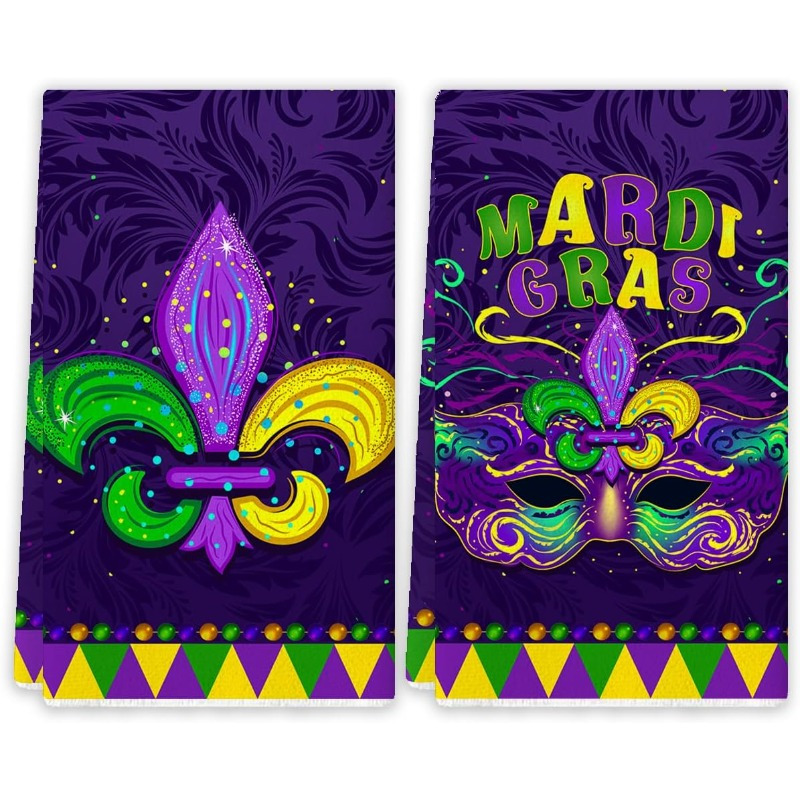 

2pcs Mardi Gras Kitchen Towels, 18x26 Inch, Super Soft Polyester, Modern Woven Style, Machine Washable, Cartoon Themed Oblong Dish Cloths For Fat & Masquerade Party Decor