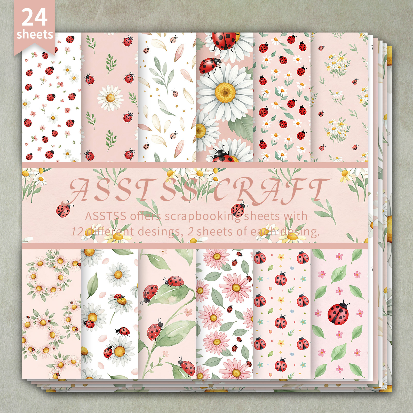 TEMU -sheet Scrapbook Paper Pad Measuring 6 By 6 Inches, Featuring A Spring Theme With Ladybugs And Daisies In A Watercolor Style. This Heavyweight