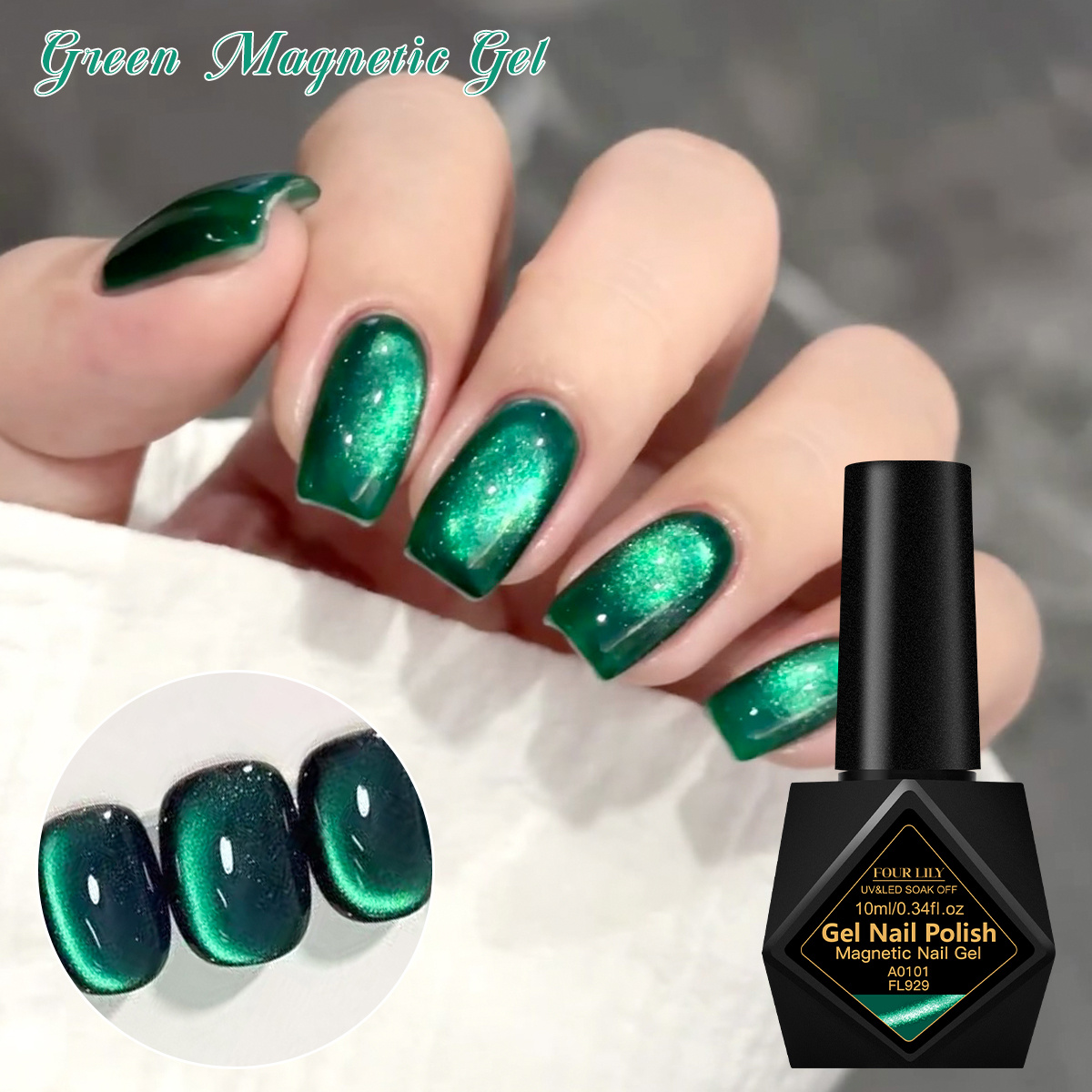 Image of 1pc 4 Lily Sparkling Green Magnetic Gel Polish - /led -eye Magnetic Nail Varnish With Suitable For & Nail Art, Long-lasting Soak Off Gel Polish