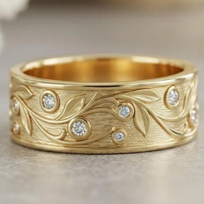 Women's Vintage Leaf Pattern Carved Wide Face Ring, Handmade Copper