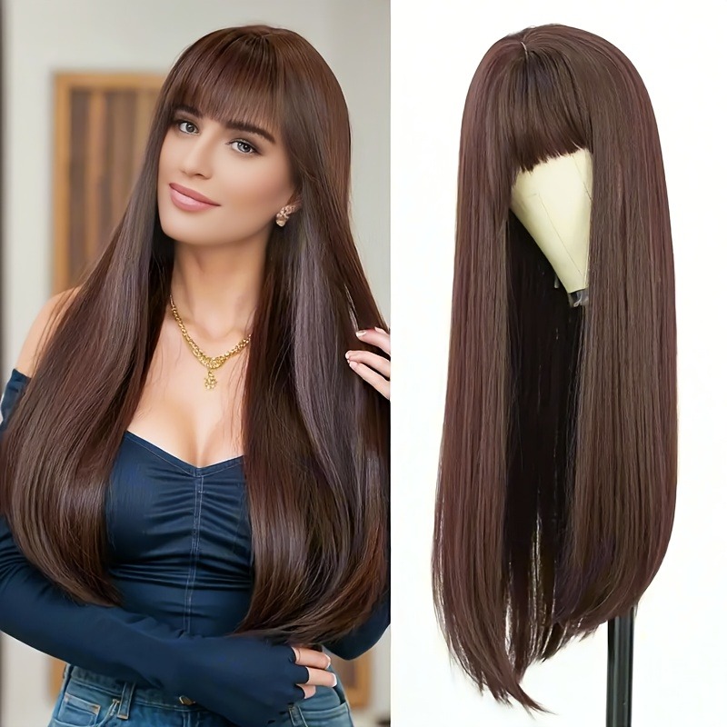 TEMU Elegant Women's 28-inch Long Straight Deep Brown Synthetic Wig With Bangs, Featuring A Comfortable And Breathable , Made Of High-density