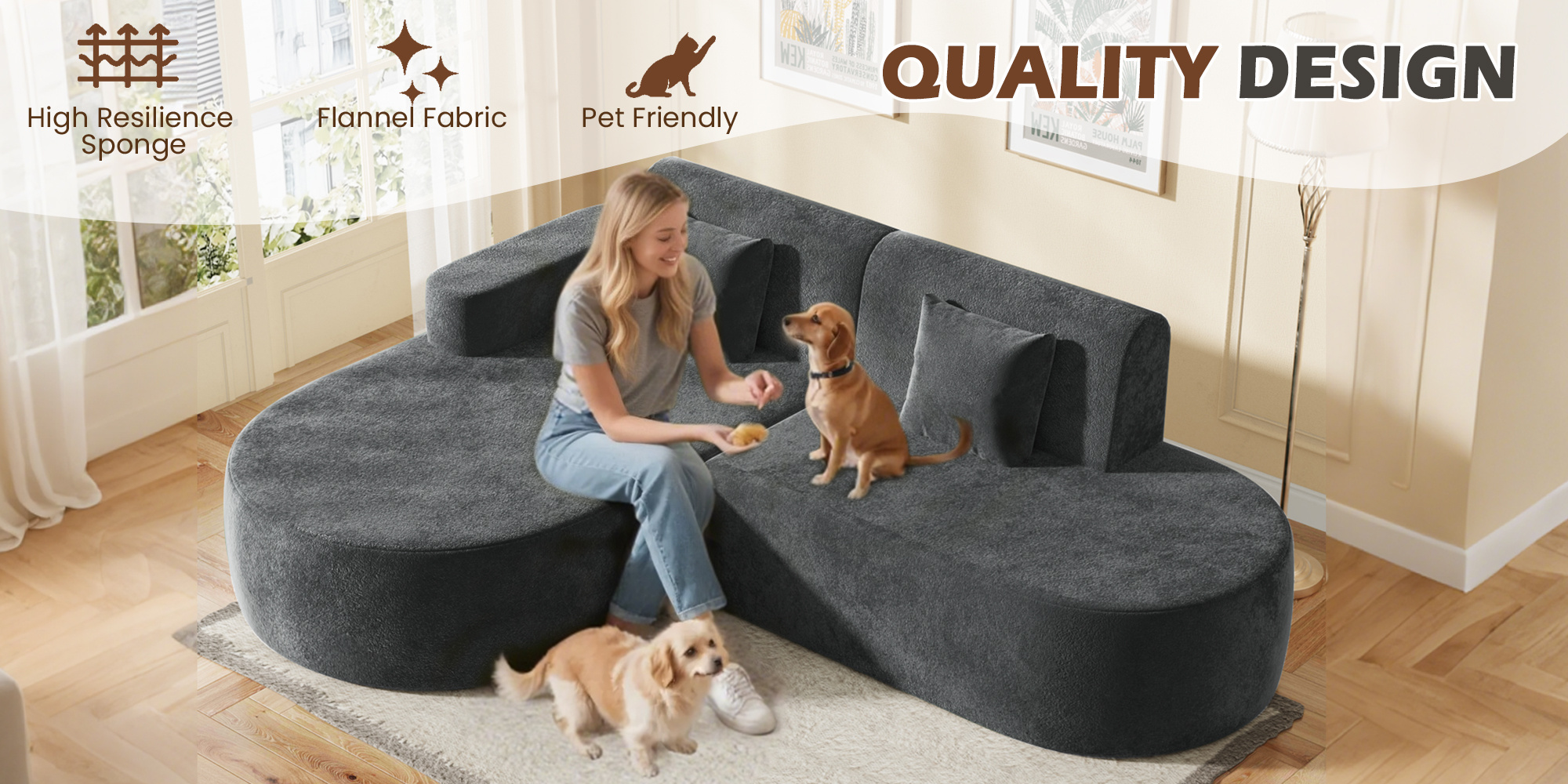 Modern L-Shaped Sectional Sofa with Chaise Lounge - Deep Seat Corner Couch, Boneless Cushion Design & Plush Sponge-Filled, Gray/Black/Beige/Green, Easy Assembly Contemporary Living Room & Bedroom Furniture, Space-Saving Modular Sofa for Apartments &