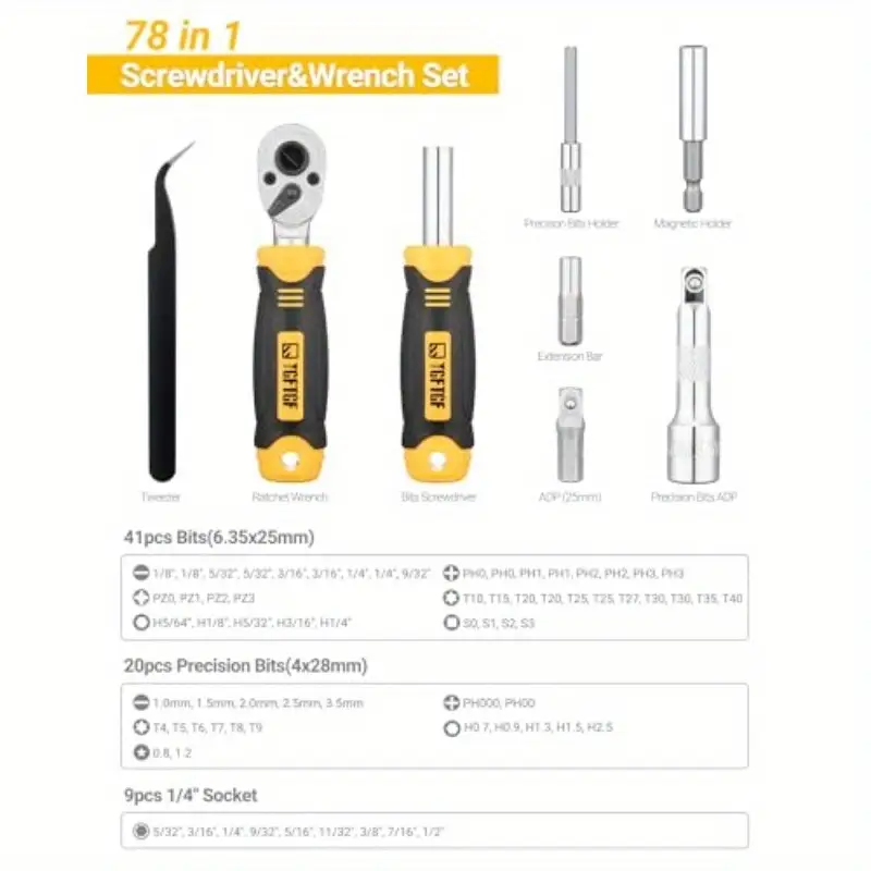 78pcs heavy-duty ratcheting screwdriver & socket wrench set with magnetic tips, ratchet mechanism, double-layer case - tool kit for automotive, electronics, bike, computer, home, professional & diy repairs - no power required, durable construction for mechanics, hobbyists, diyers, computer maintenance, bike repair, portable , precision tools, sturdy mechanism, sockets, hand tool collection, ideal birthday gift, precision screwdriver set, tool set Product details 5