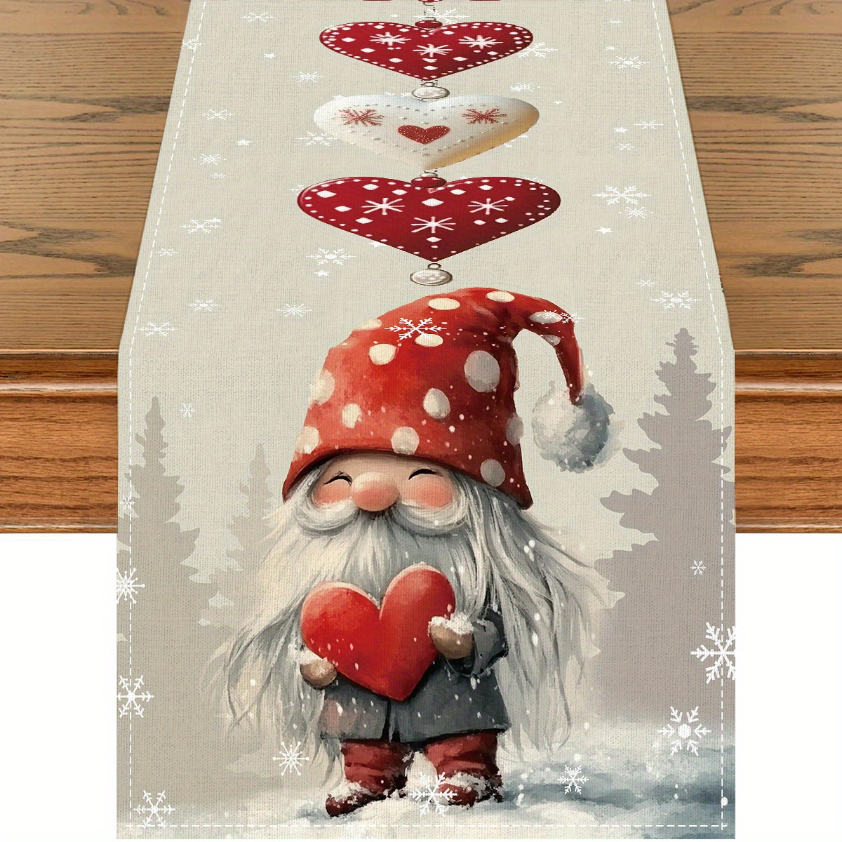 

Christmas Table Runner - Heart-shaped Balloon & Dwarf Design, Modern Polyester Knit, Holiday Dining Decor, 13x72 Inches