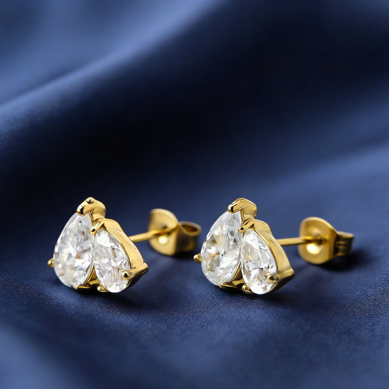 Women's 2.0 Carat Golden Stainless Steel Double Teardrop Moissanite Stud Earrings