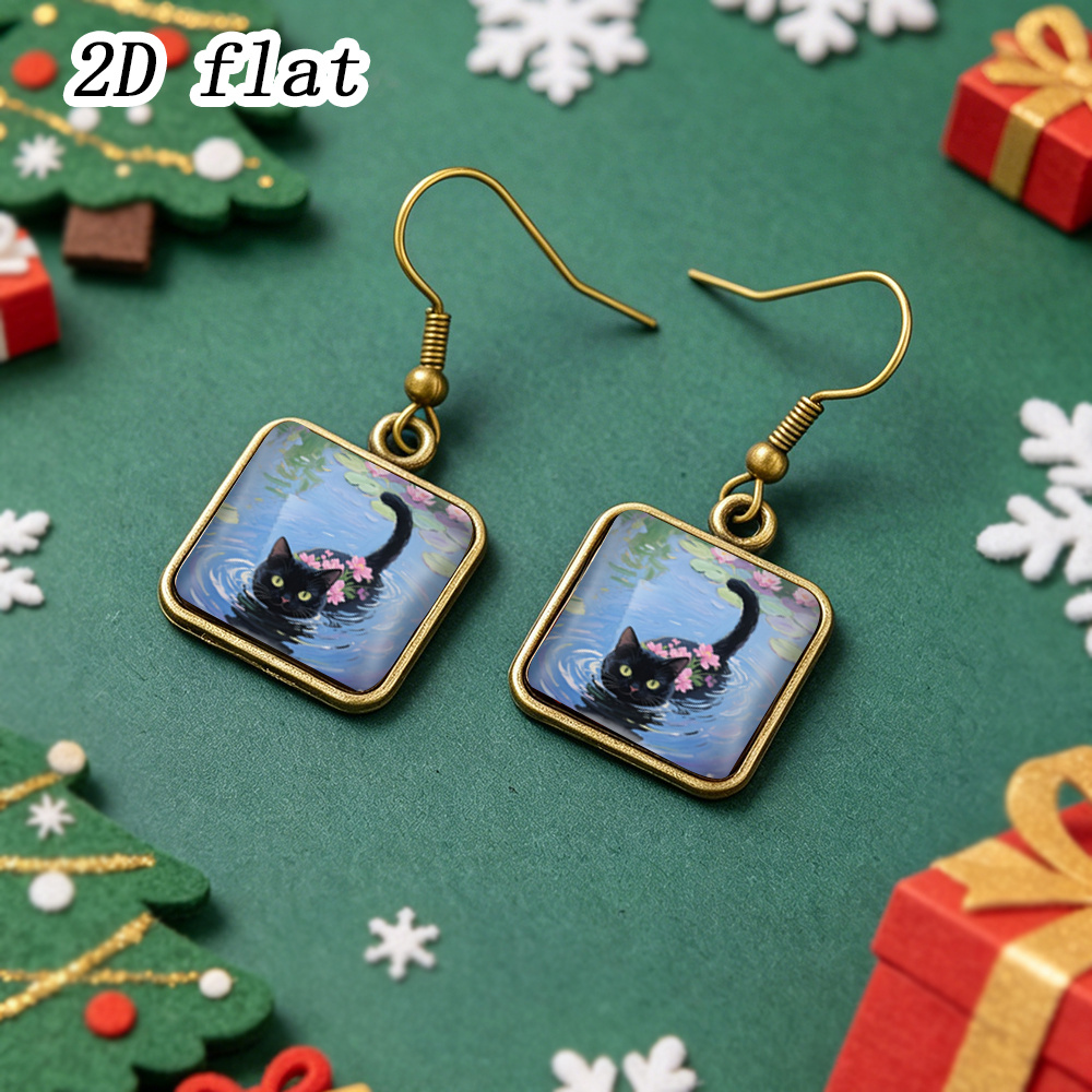 Women's 2D Flat Black Cat & Lotus Pond Square Dangle Earrings