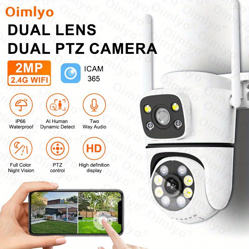 Oimlyo 2.4G WiFi Outdoor Security Camera - Waterproof, Dual HD Lens with Auto-Rotate Pan/Tilt, Night Vision, Motion Detection & Two-Way Audio - USB Powered, Smartphone Compatible - Perfect for Safety details 1