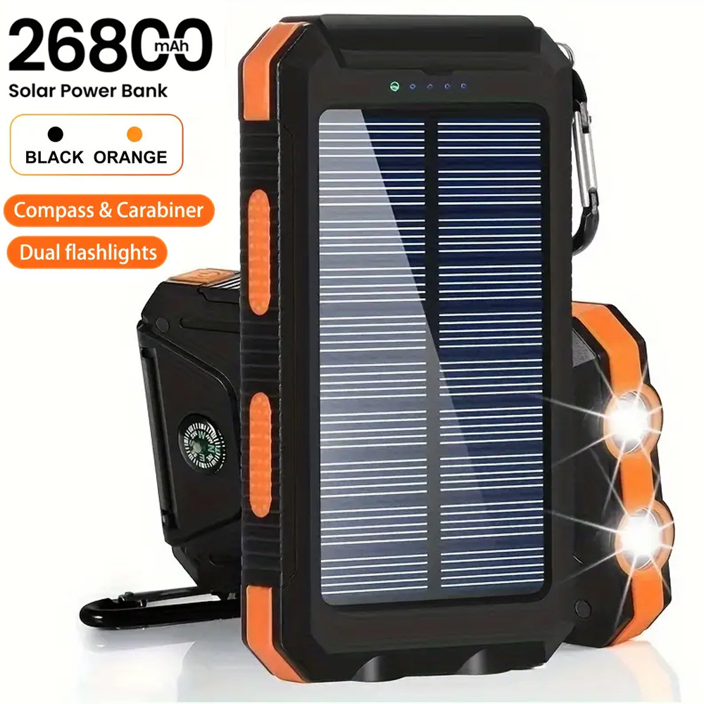 TEMU 26800mah Solar Charger Power Bank Portable Charger With Dual Bright Flashlights Compass, Camping External Backup Battery Pack Dual 5v Usb Ports