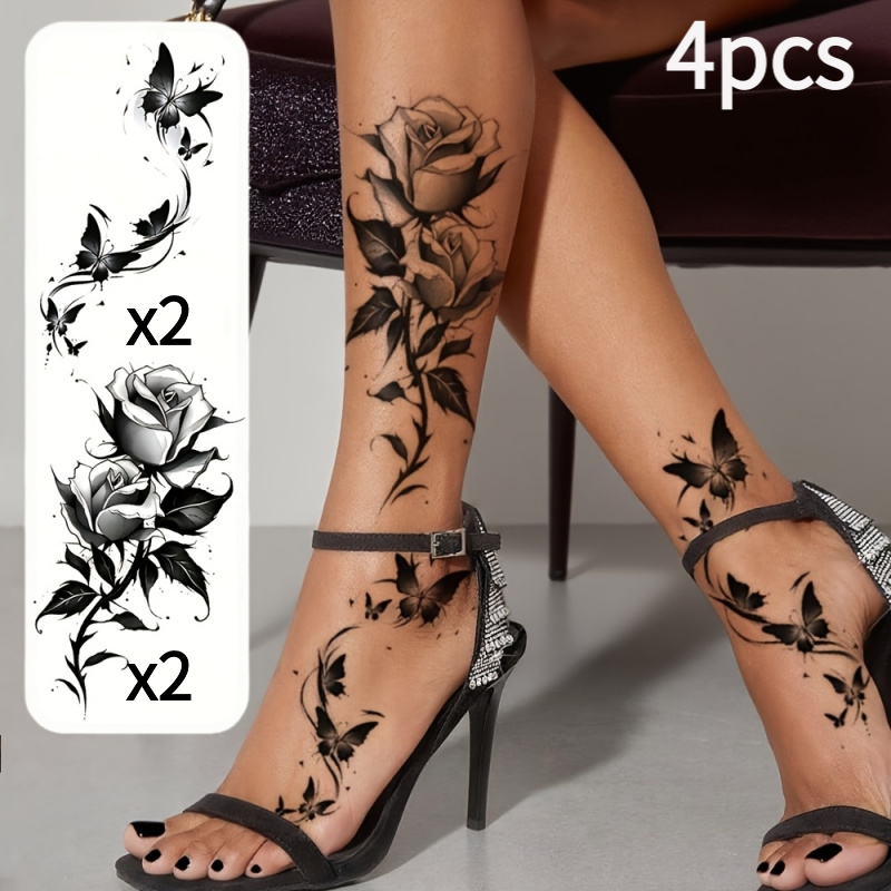 Image of 4pcs Black Flower And Temporary Tattoo Stickers For Women, Waterproof And Long-lasting Fake Tattoo For Arm, Leg, And Chest