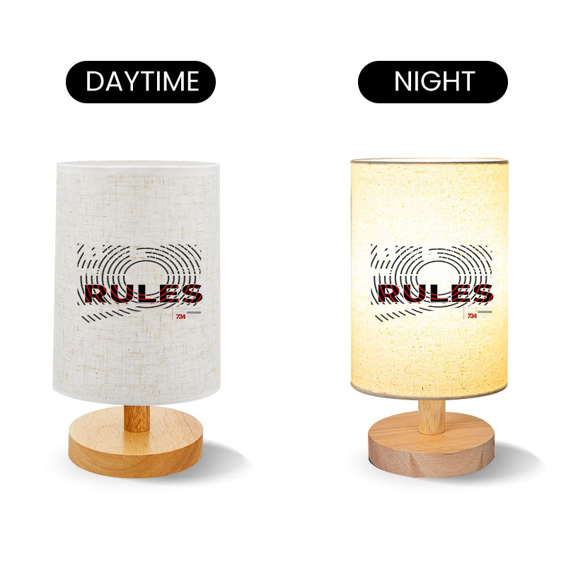 Wooden Table Lamp with Bold "RULES" Graphic Print