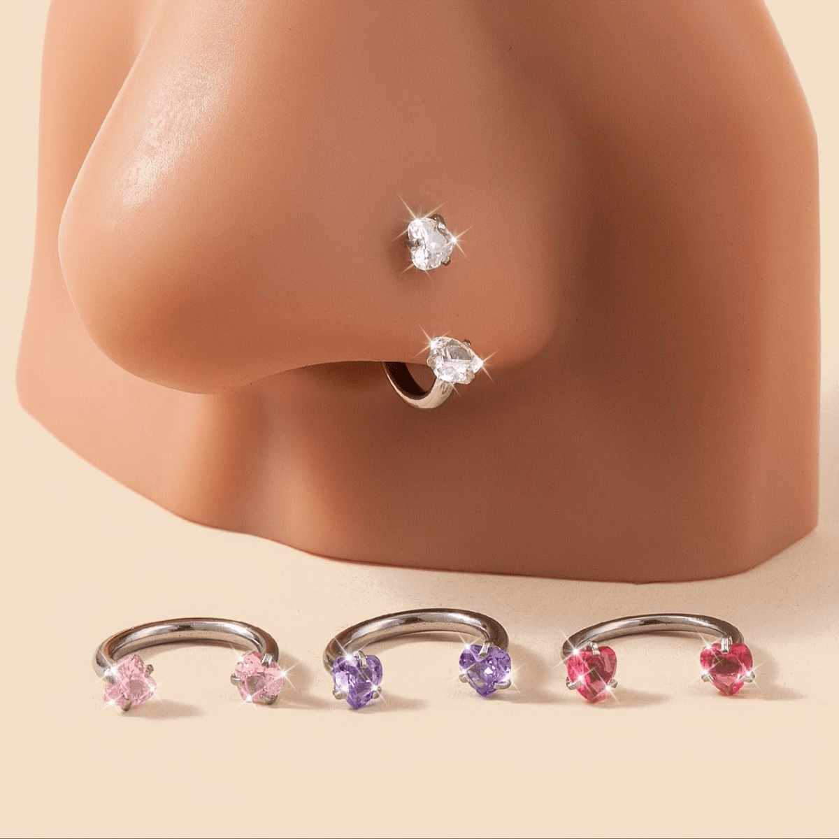 

4pcs Fashion Nose Rings Set, 304 Stainless Steel With Synthetic Zirconia, Design For Women - Wear Accessory