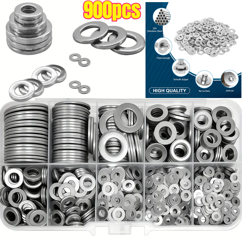 TEMU Flat Washer, Plain Gasket, Metal Shim, Screw Washer, M2-m12 Washer Assortment, Hardware Fastener, Repair Accessories, 900pcs Washers