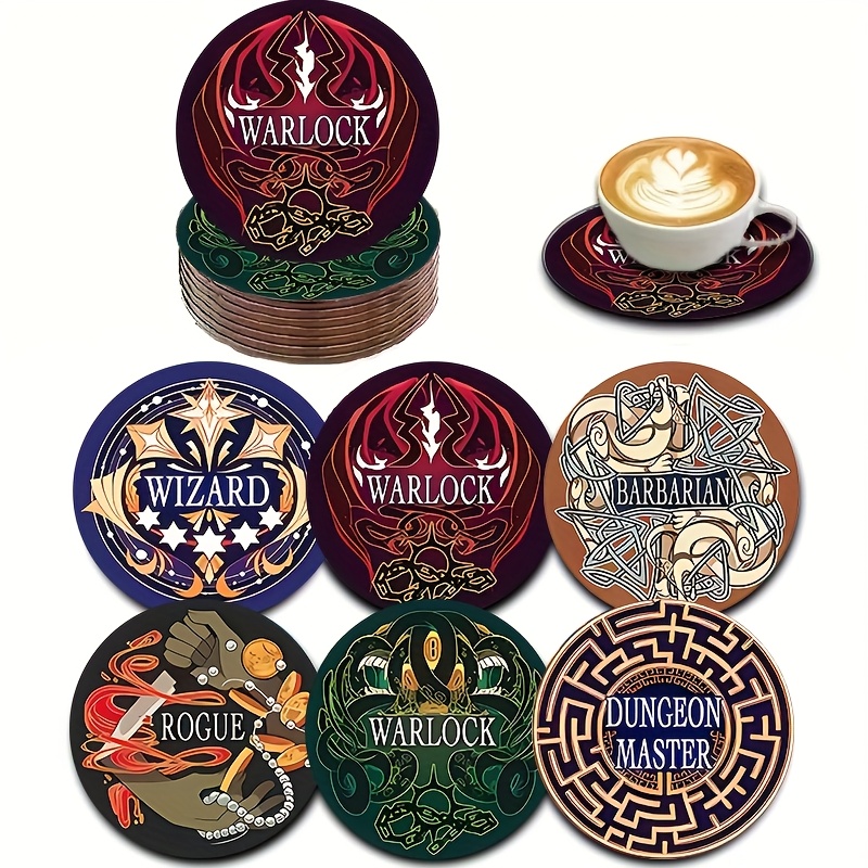 Wooden Coaster Set - 6pcs "wizard-warrior-- Master" Heat Drink Mats, Suitable For Tea And Coffee Cups, For Home & Cafes