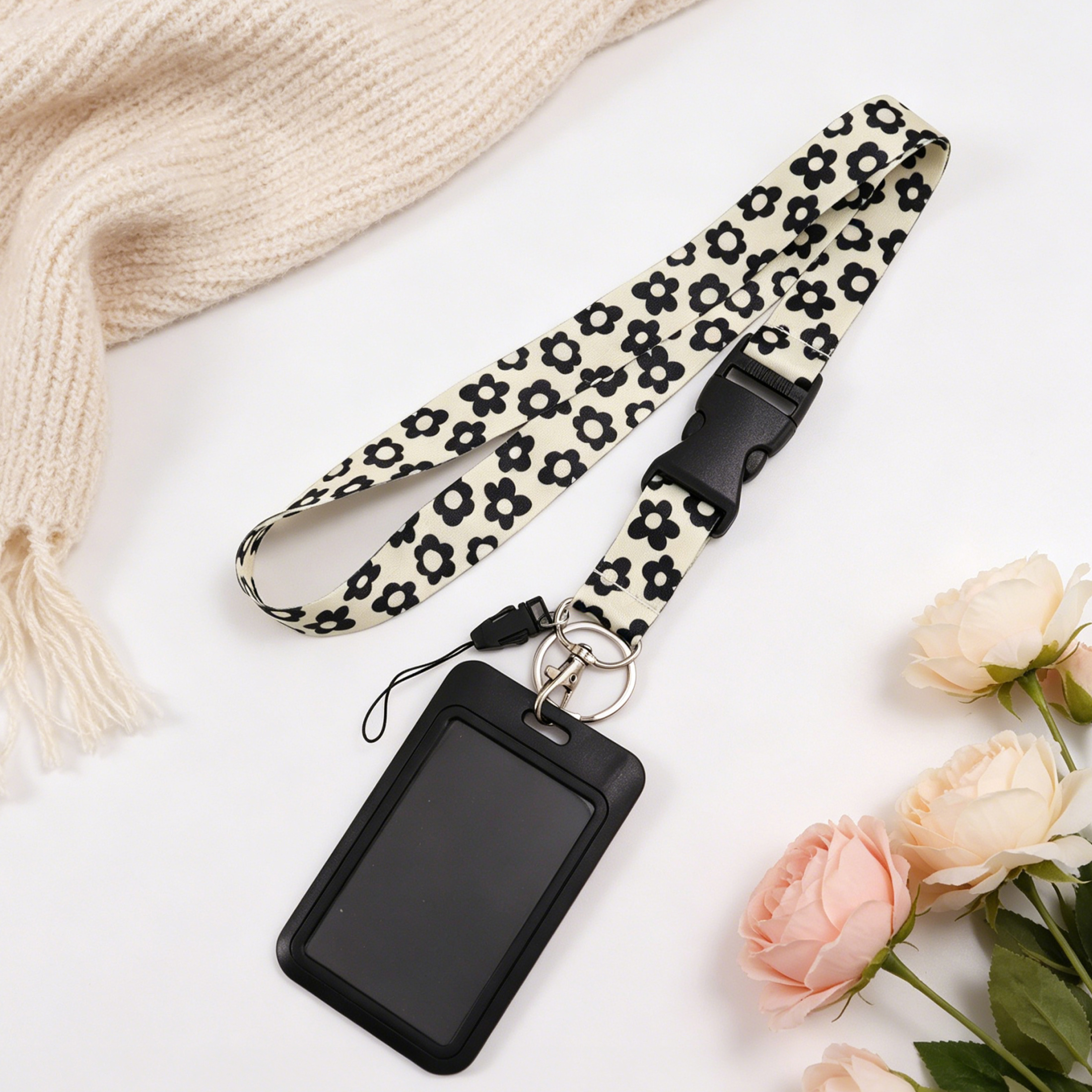 TEMU 1pc Hard Id Card Case Holder Release Daisy Floral Lanyard, Detachable Neck Strap, Lanyard For Keys, Work Id, Phone, Bus Card