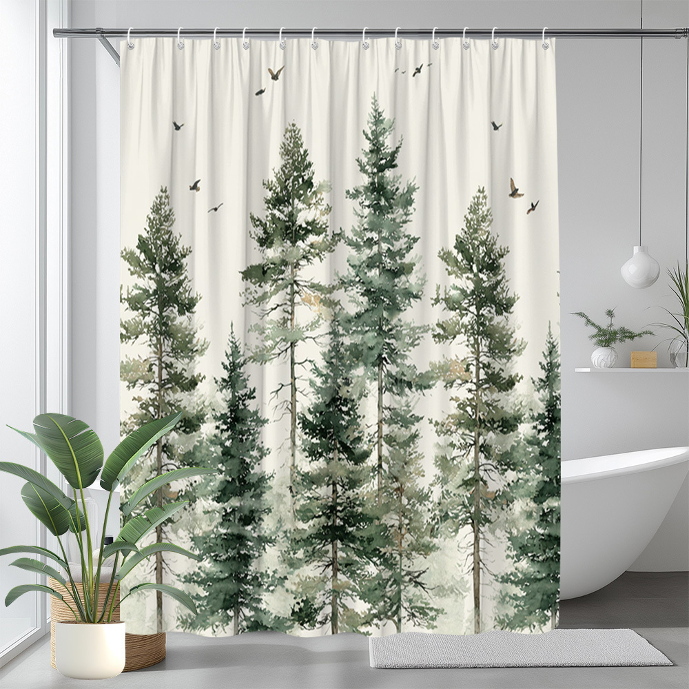 TEMU 1pc Extra Large Bathroom Shower Curtain - Rustic Design With Watercolor Trees /beige/black/gray/white, Machine Washable Polyester Fabric Bath