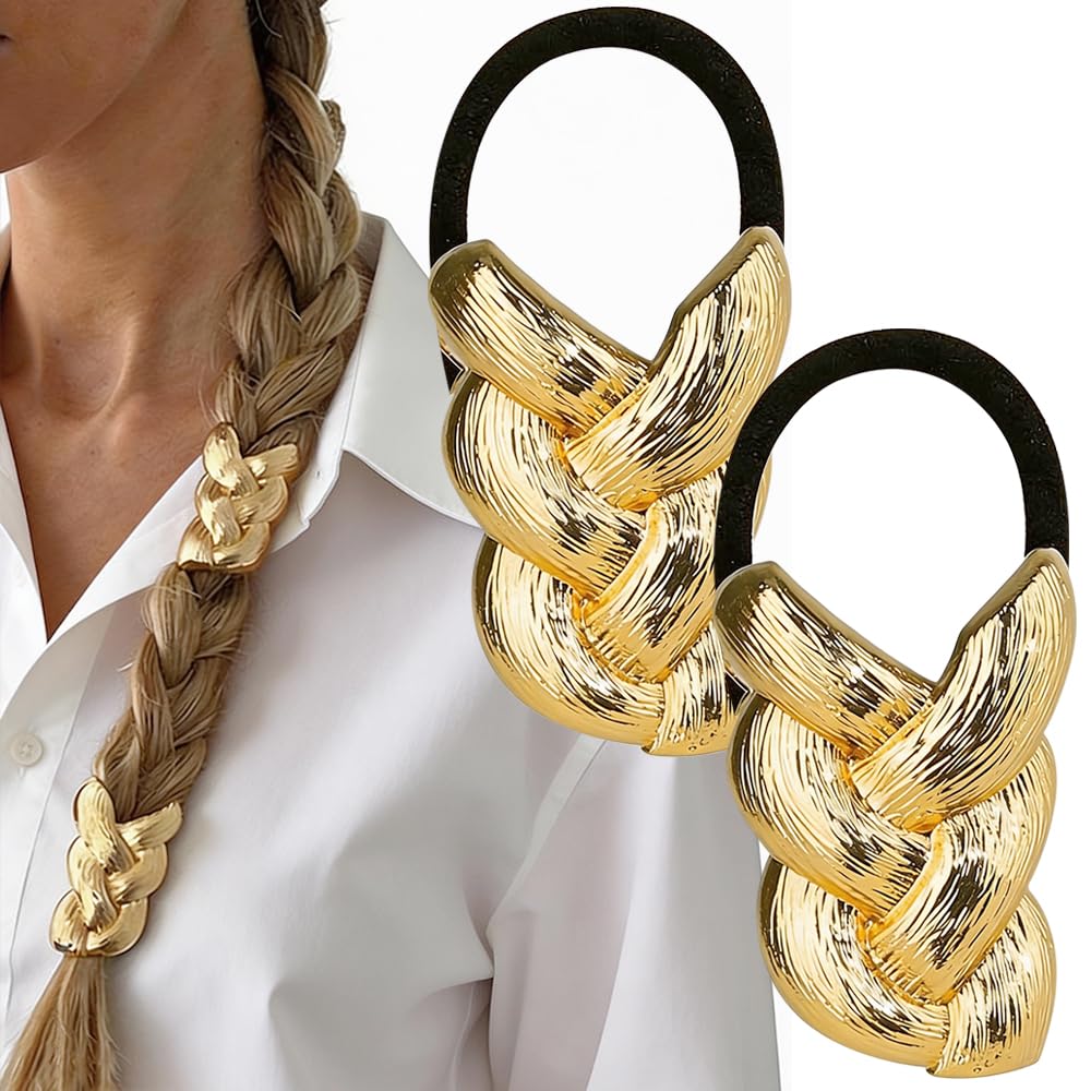 TEMU 2pcs Lazos para el cabello dorados con forma de , sin dañar el cabello, muñequeras de metal, elásticas, elásticas para el cabello, adornos para