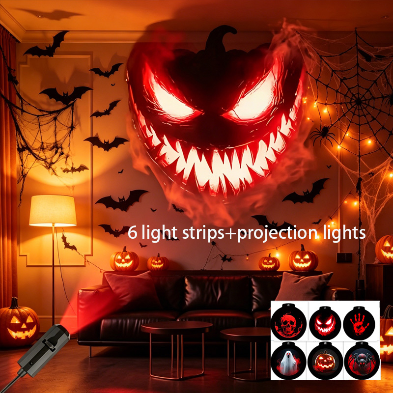 Halloween Led Projection Light, 6 Interchangeable Patterns, Holiday Decoration A Terrifying Atmosphere, Portable,, , Pumpkin, Palm And Other Patterns, Party Usb Light, Ground Pattern Atmosphere Light