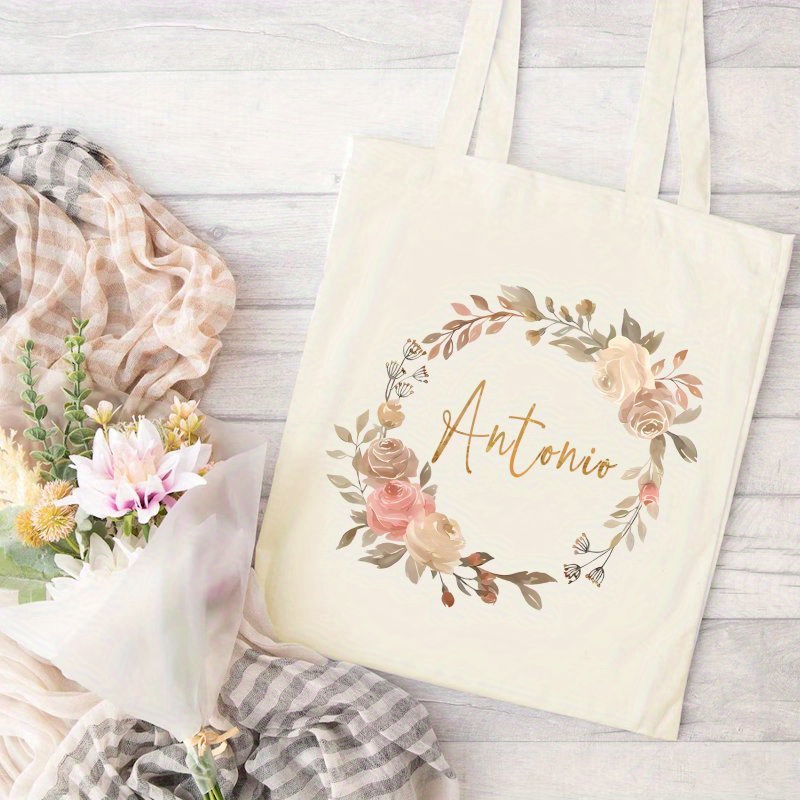 TEMU Custom Floral Name Canvas Bag, Personalized Tote Bag, Gifts For Bridesmaids, Mothers, And Grandmothers, Custom Tote For Bridal Party, Customized