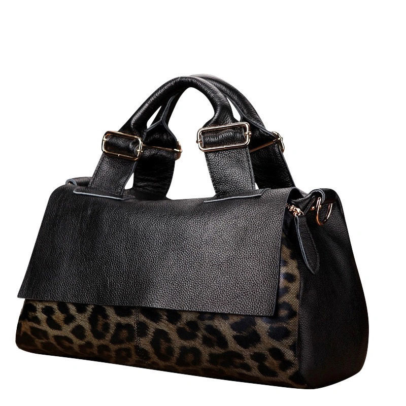 TEMU Women's Leopard Print Genuine Leather Tote Handbag, Large Capacity Black Leather Bag With Leopard Print Patch, Soft Leather Shoulder Crossbody