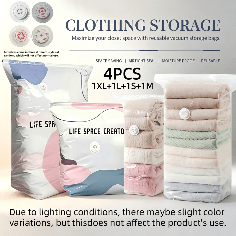 TEMU 4pcs Vacuum Storage Bags, 4 Sizes No-pump Compression Space Saver Bags For Clothes, Quilts, Blankets, Comforters & Duvets, Reusable Clear Cube