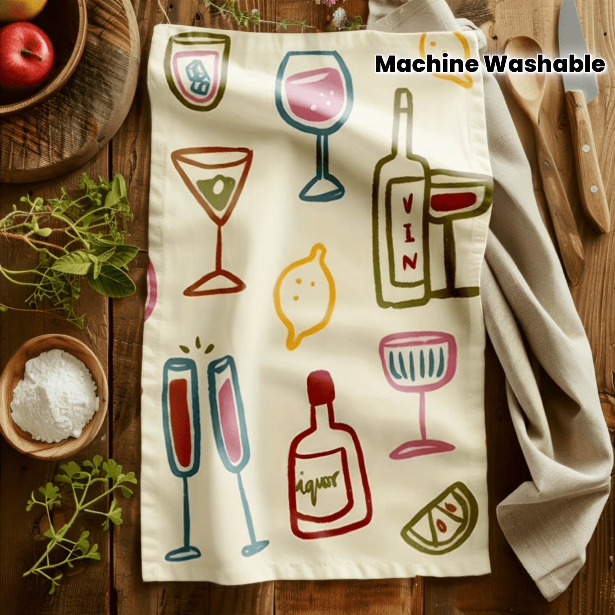 TEMU Cleaning Cloth 1pc Kitchen Towel, Wine Glass Lemon Bottle Cocktail Pattern, Vibrant Colors, A Birthday Gift And Housewarming Party Gift For ,