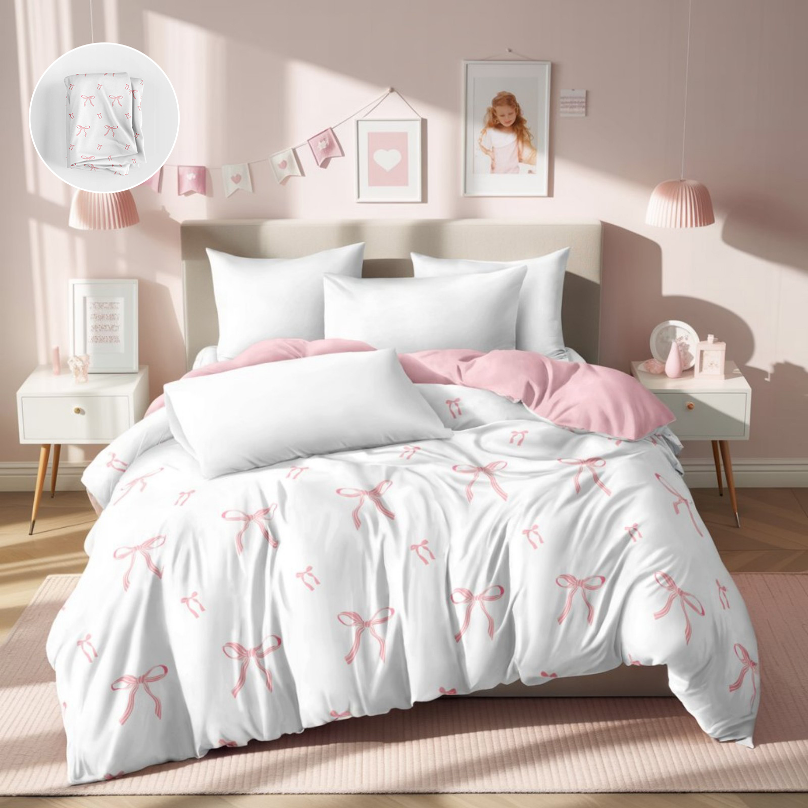 Image of 1pc Pink Striped Bow Bedding Duvet Cover, Synthetic Polyester Bedding Single Piece, Cute Bedding Single Piece, Duvet Cover, Breathable, With Corner Ties, Suitable For Bedroom Dormitory Multi-scene