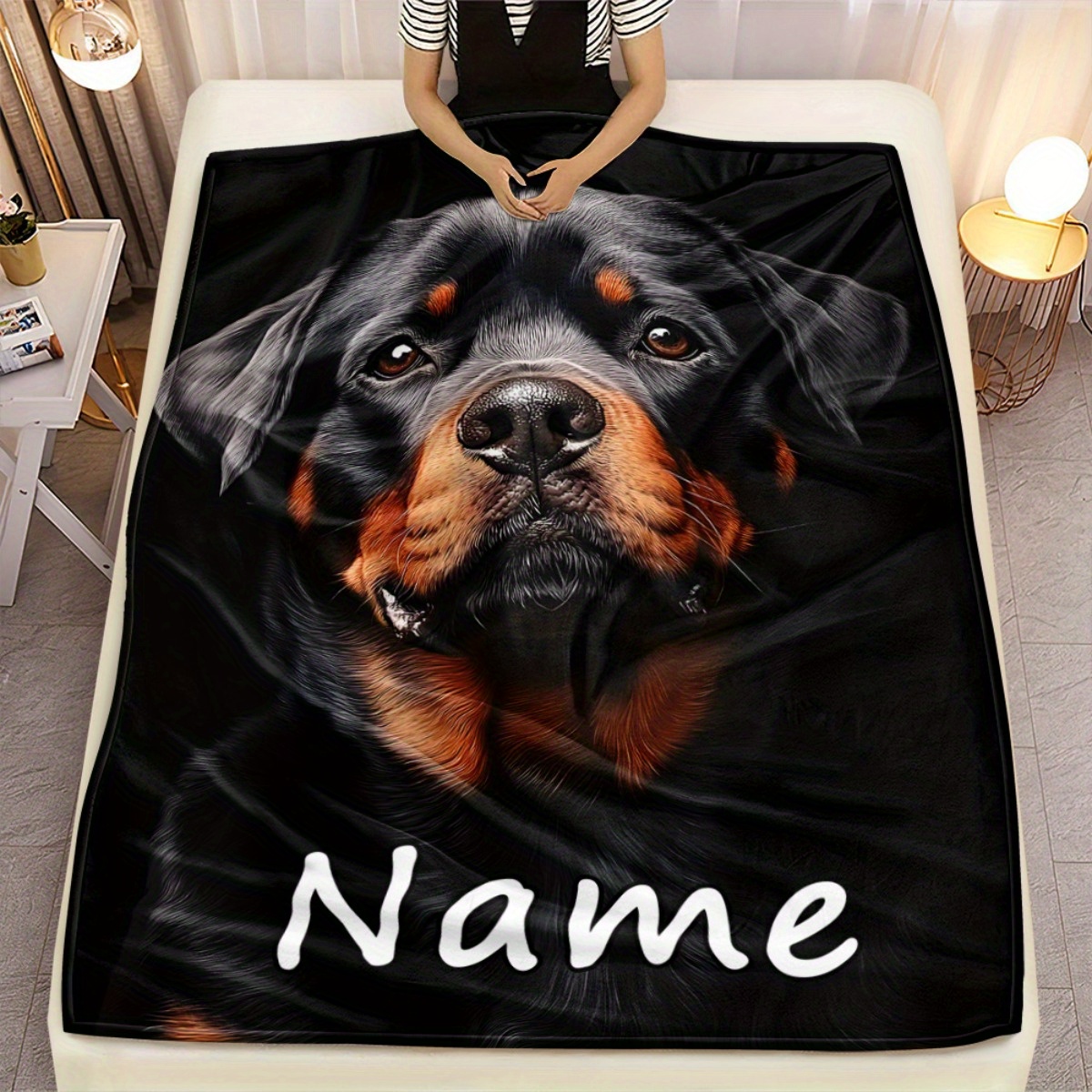 TEMU 1pc Custom Name Rottweiler Dog Portrait Blanket - Soft Warm Flannel Throw With Digital Printing, Lightweight Blanket For Sofa, Travel, Camping,