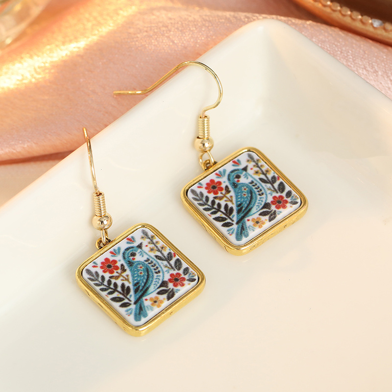 Women's Colorful Flower Bird Pattern Printed Square Pendant Earrings