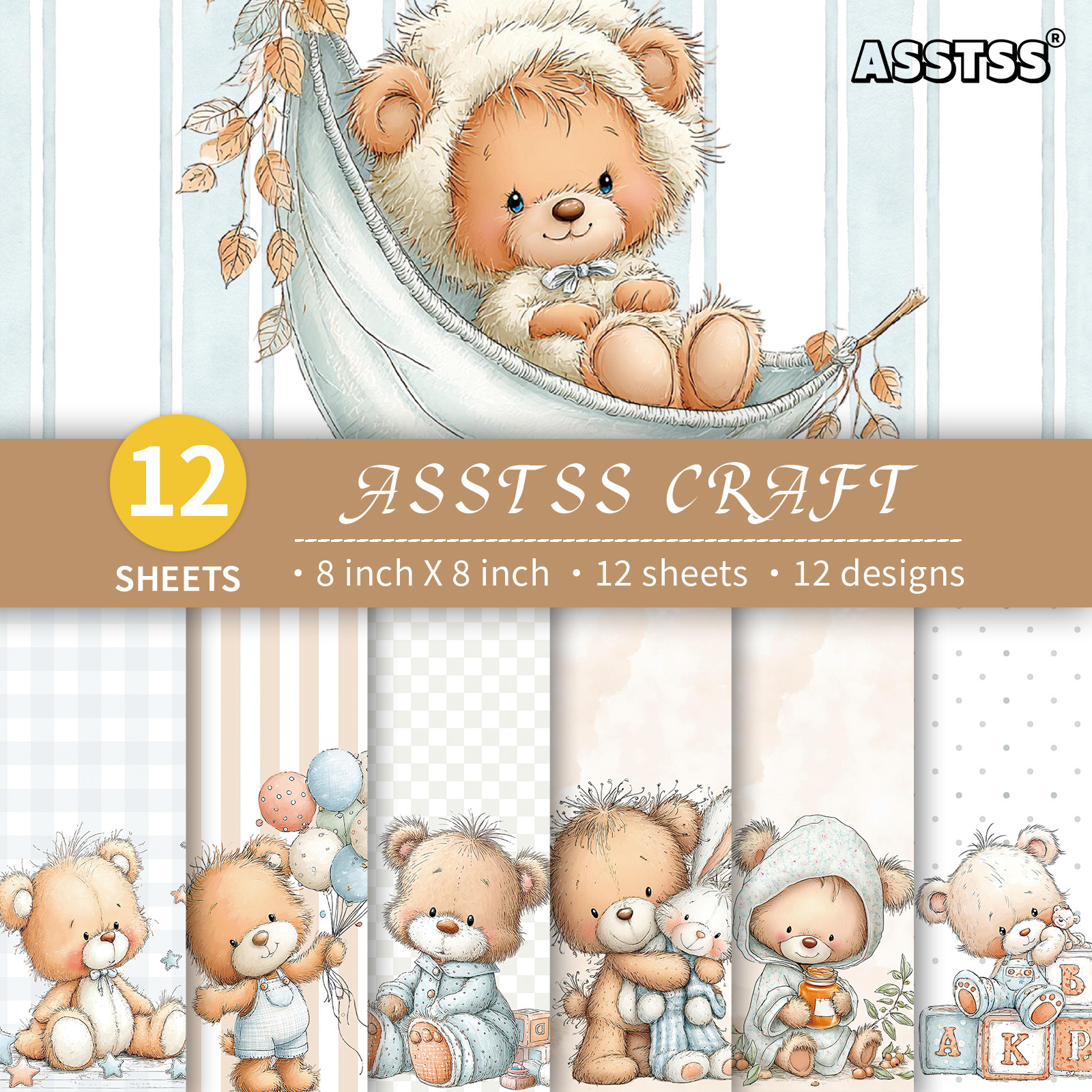 TEMU 12-sheet Asstss 8*8-inch Scrapbooking Paper Pad | Retro Pastel Teddy Bear Whimsical Style Backing Paper, Heavyweight Cardstock For Journaling,