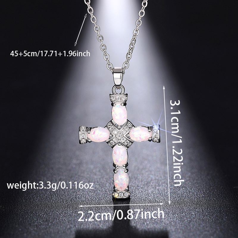 Women's S925 Silver Classic Cross Pendant Necklace with Synthetic Opal