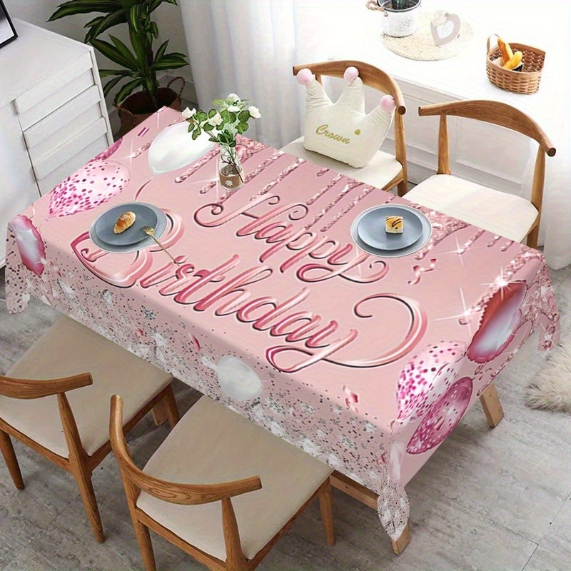 Image of 1pc Of Happy Birthday Tablecloth, Pink Rectangular Polyester Cover With , Perfect For Festive Party Decorations And Suitable For Birthday Celebrations And Home Decor