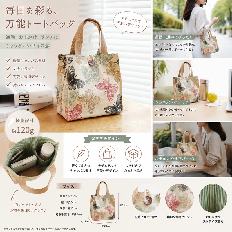 TEMU 【蝶柄】トートバッグ 多機能 再利用可能 ショッピングバッグ (仕事、学校、に)