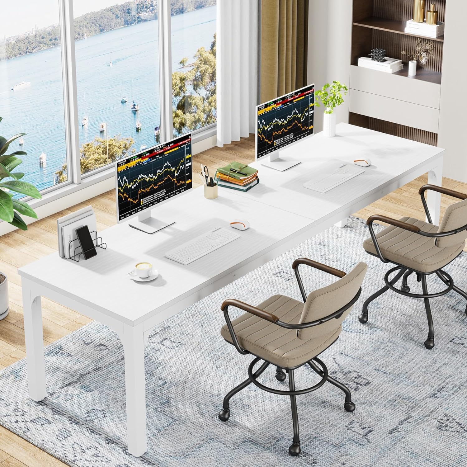 White Computer Desk, Measuring 200 X 70 X 75 Cm, Suitable For Dual Use As A Long Desk, Office Table, Work Table, Dining Table, And Conference Table For Home Office