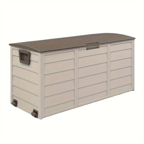 75 gal waterproof outdoor storage bin with wood grain lid durable plastic multi purpose organizer for patio garden grey