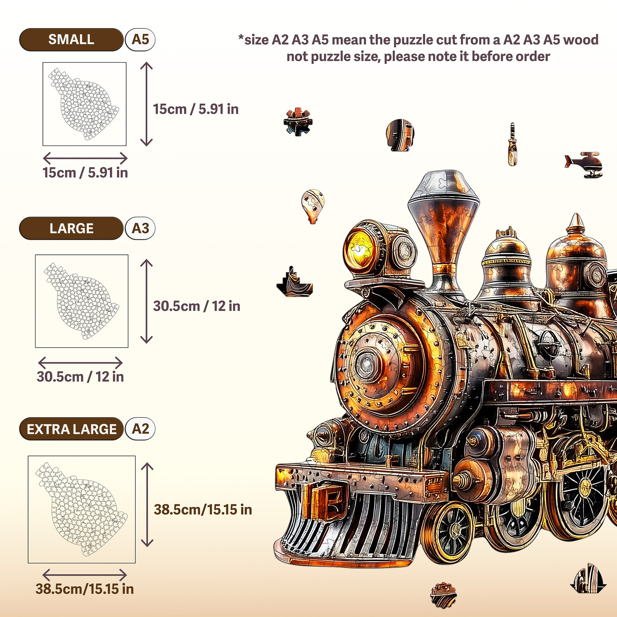 Steampunk Train Wooden Jigsaw Puzzle in Various Sizes