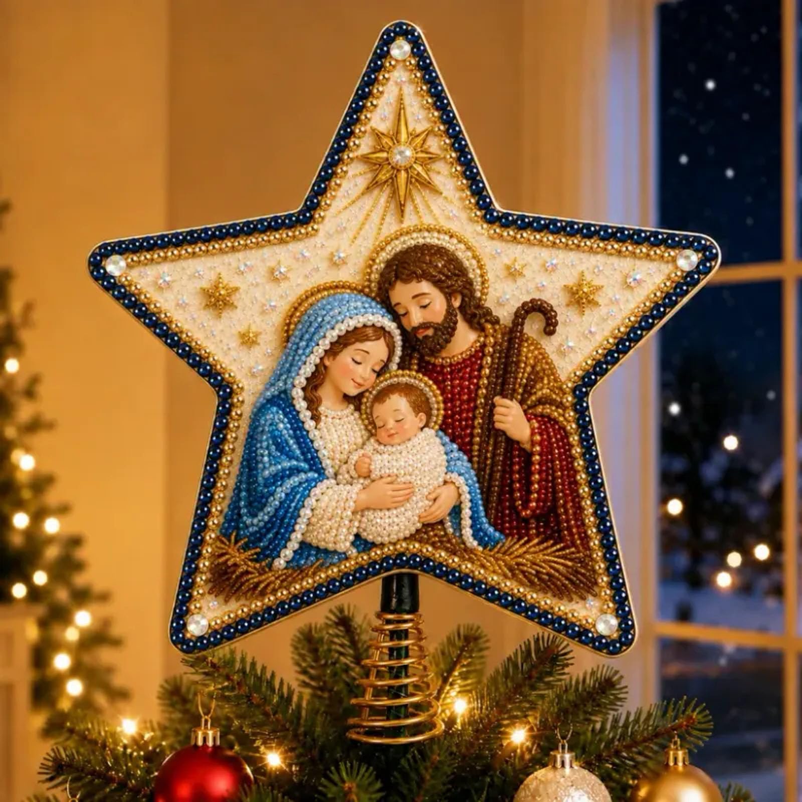 TEMU Conjunto popular de adorno para punta de árbol de Navidad de perlas y diamantes de temática de fe cristiana, kit de bricolaje para pintura de