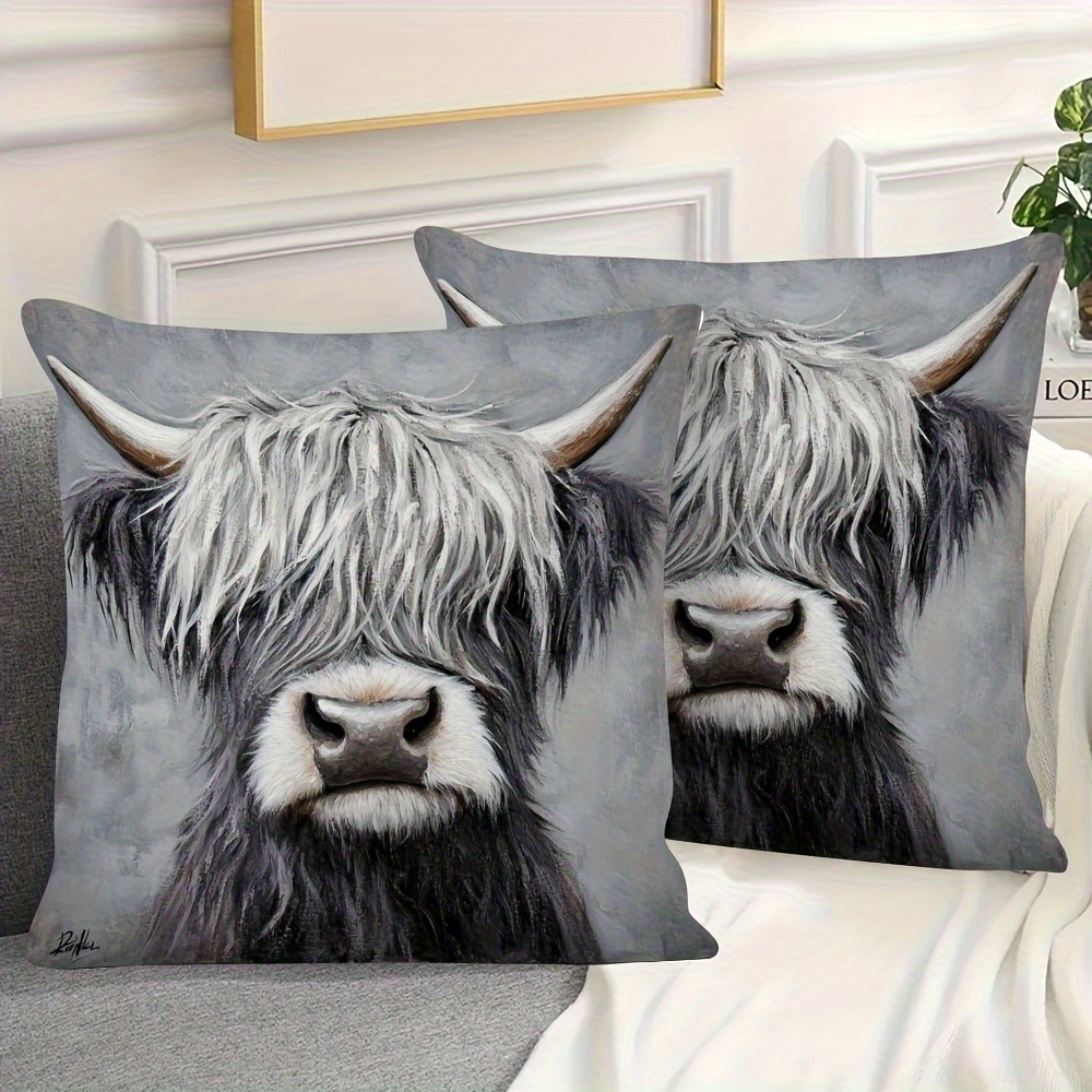 TEMU 2pcs Highland Cow Pillow Covers - Soft Polyester Farmhouse Decorative Cushion Cases, Zipper Closure, Realistic In Grey/, 18x18 Inches (45x45cm),