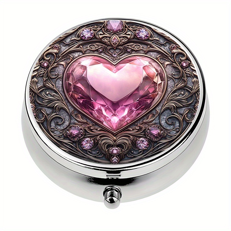 TEMU 1pc Elegant Metal Mini Pill Organizer With 3 Compartments - Heart & , Medications & Vitamins, Food-safe Storage Container, Medication