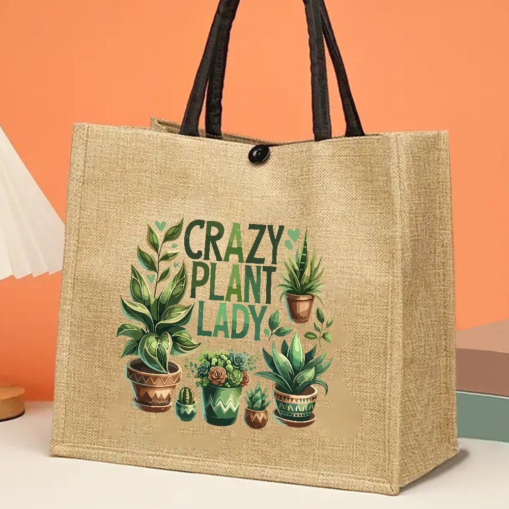 TEMU Crazy Jute Tote Bag, Large Capacity Handbag, With Plant Print, For Picnic, Party, Travel, Shopping - Spring Gift Aesthetic Spring Tote Bag