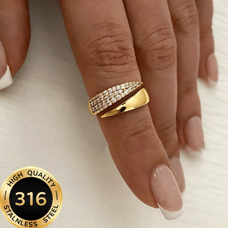 TEMU 1pc Bague Femme Légère Luxe Mode 316 Acier Inoxydable Incrustée Synthétique Géométrique Ouverte Réglable - Hypoallergénique - Fête, Banquet,