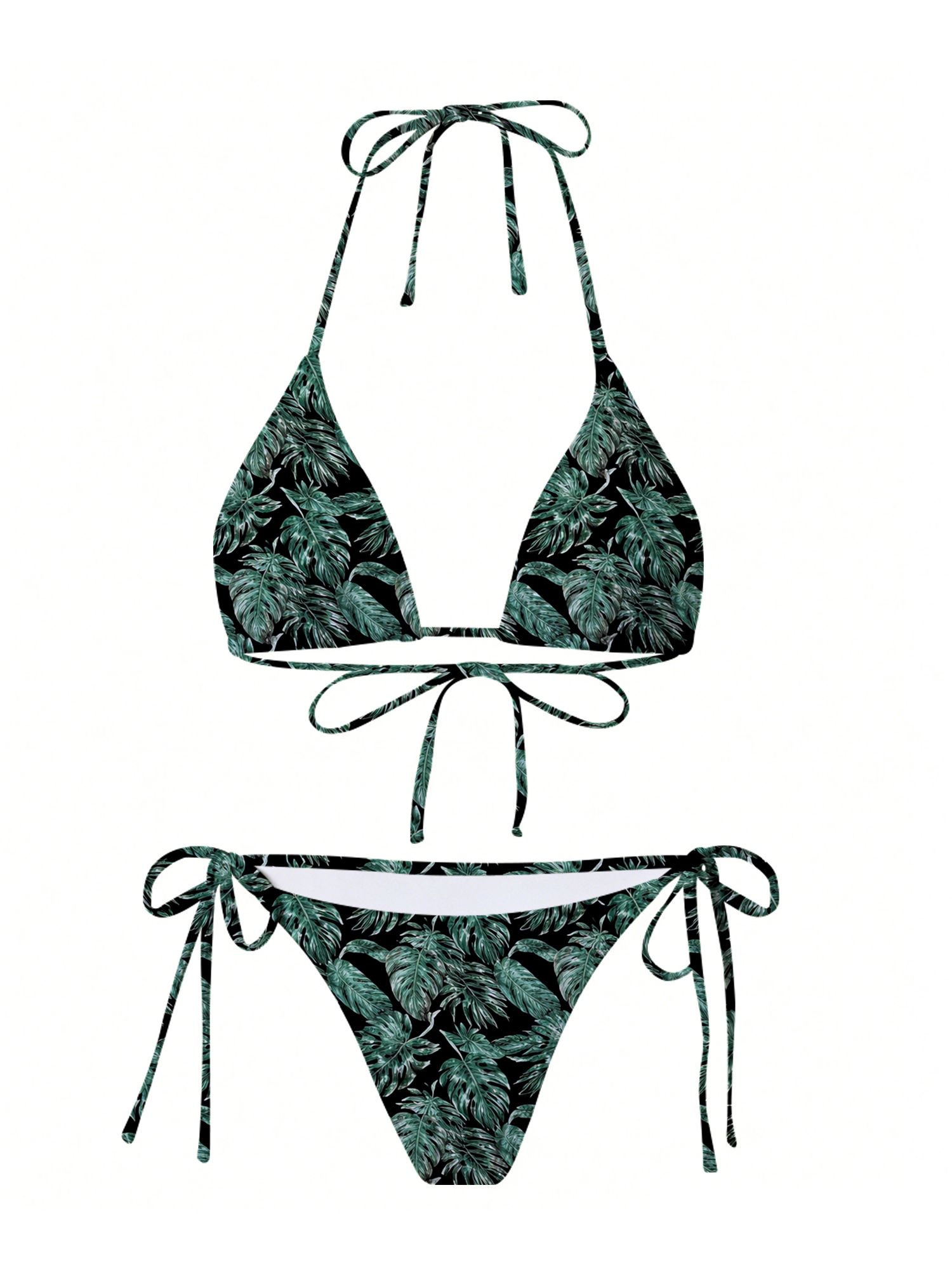 Tropical Leaf Pattern with Dark Green And Black Background Featuring Palm Leaves And Foliage Design on Swimwear Set Female Exquisite Printed Pattern Bikini Exquisite Bikini And Skirt Set