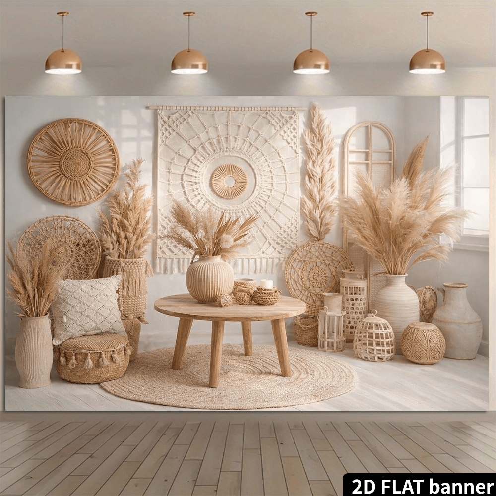 Fondo de sala de estar estilo Wabi-Sabi 2D con tapiz tejido a mano y decoración de pared circular de paja. Combinado con faroles de ratán, ramos de caña, jarrones de cerámica y una mesa baja de madera, el diseño general presenta tonos cálidos beige y madera natural. Acentuado con una alfombra suave