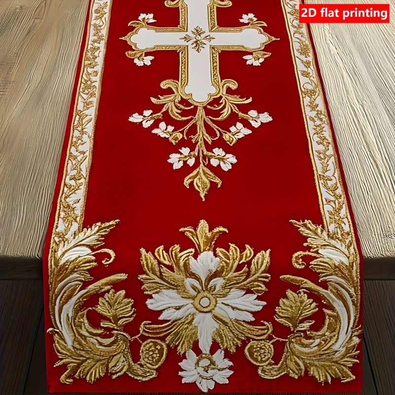 TEMU 2d Flat Printing, 1pc Red Golden Retro And Magnificent Patterned Flat Printed Table Flag, With Artistic Decorative Patterns, Suitable For A